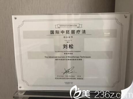 劉松主任獲得法國中胚層療法高級技能證書 劉松主任獲得法國中胚層療法高級技能證書