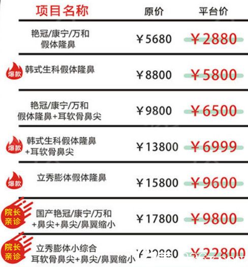 義烏張小紅鼻整形價格表